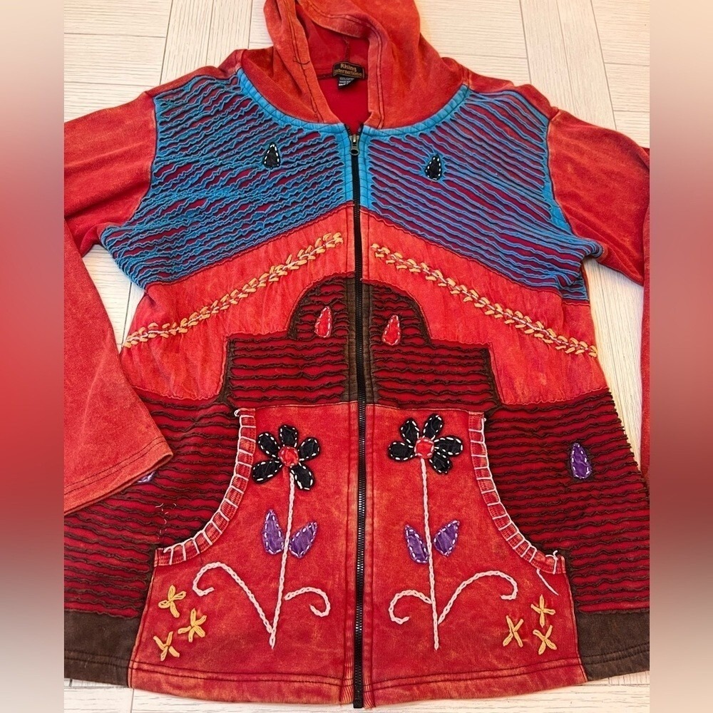 Rising International full zip hooded jacket artsy whimsy boho unique women's L